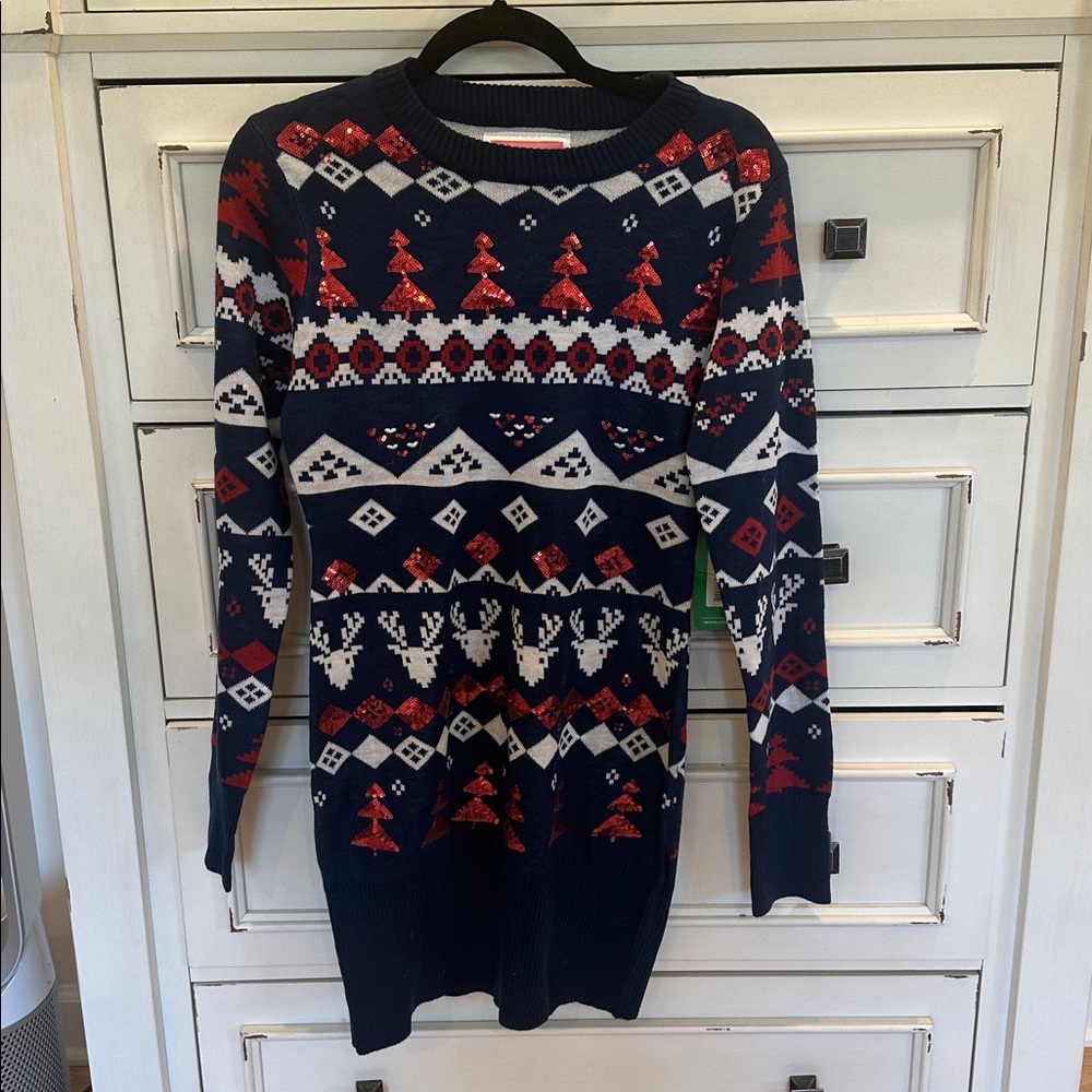 NWT!!! Tipsy Elves Sequin Fair Isle sweater dress.Navy and Red Sweater Dress.